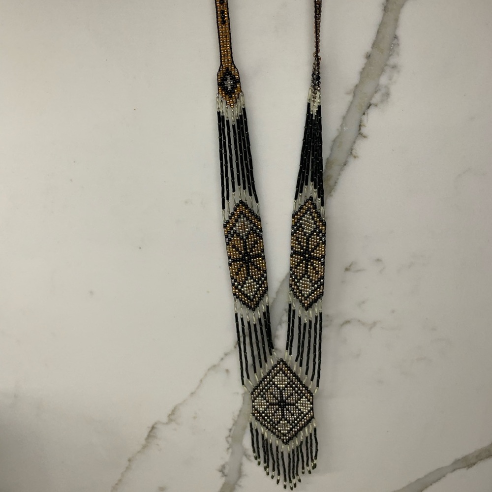 Black & gold long beaded necklace